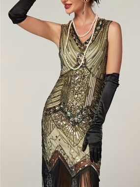 Vintage-Inspired Olive Beaded Flapper Dress with Fringe